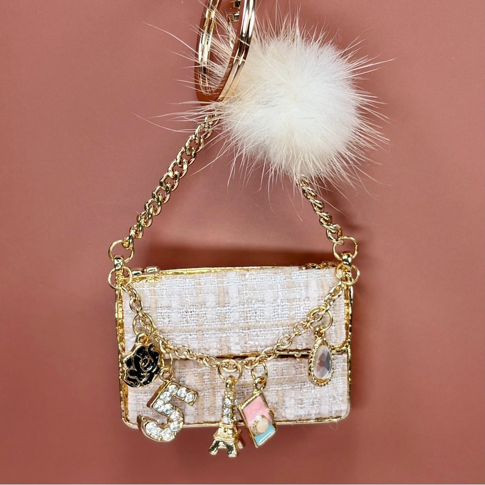 Chic Cream Tweed Mini Bag Keychain with Gold Chain and Pom